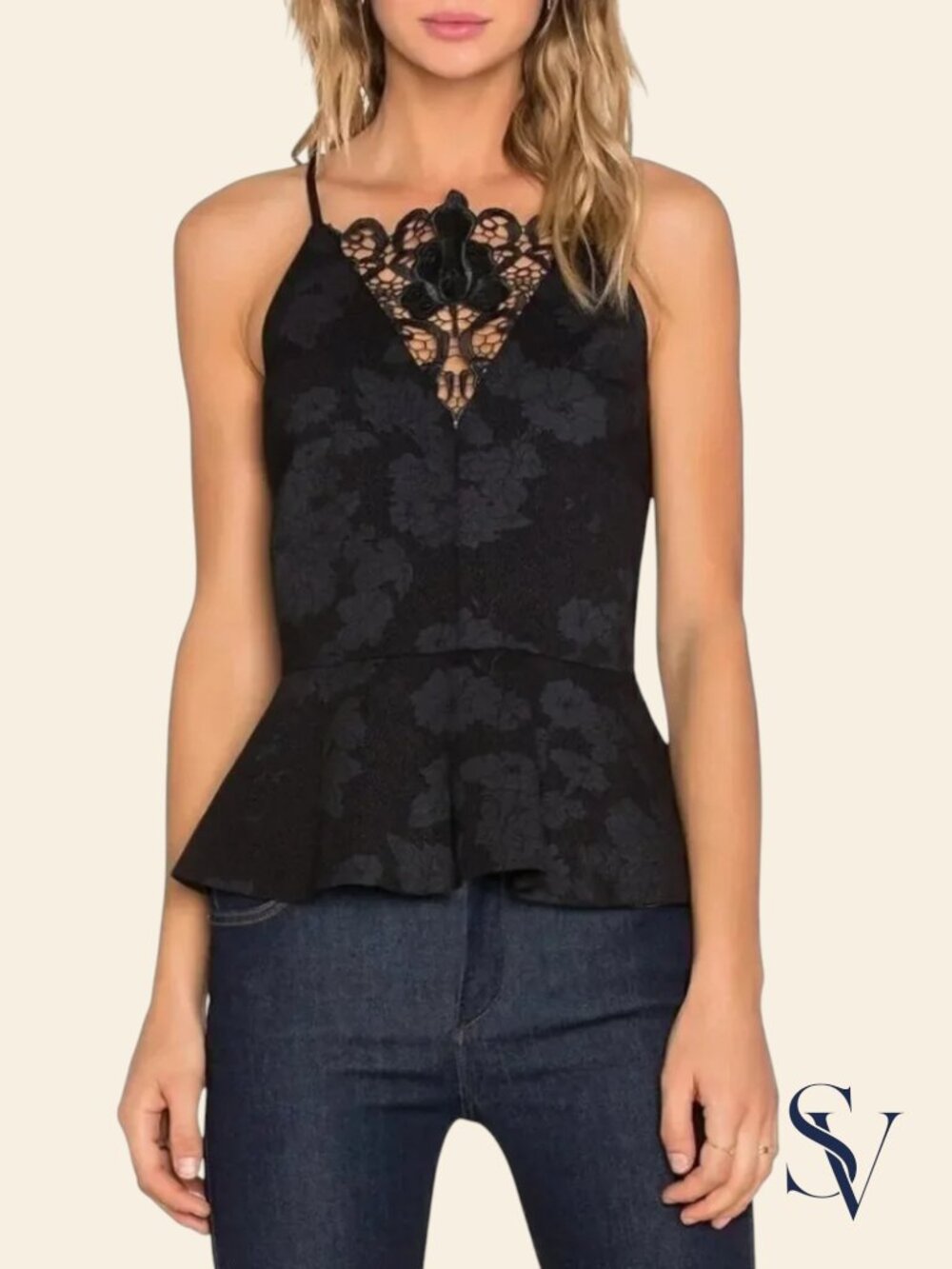 1.STATE Black Floral Jacquard Lace Peplum Cami Top Size S